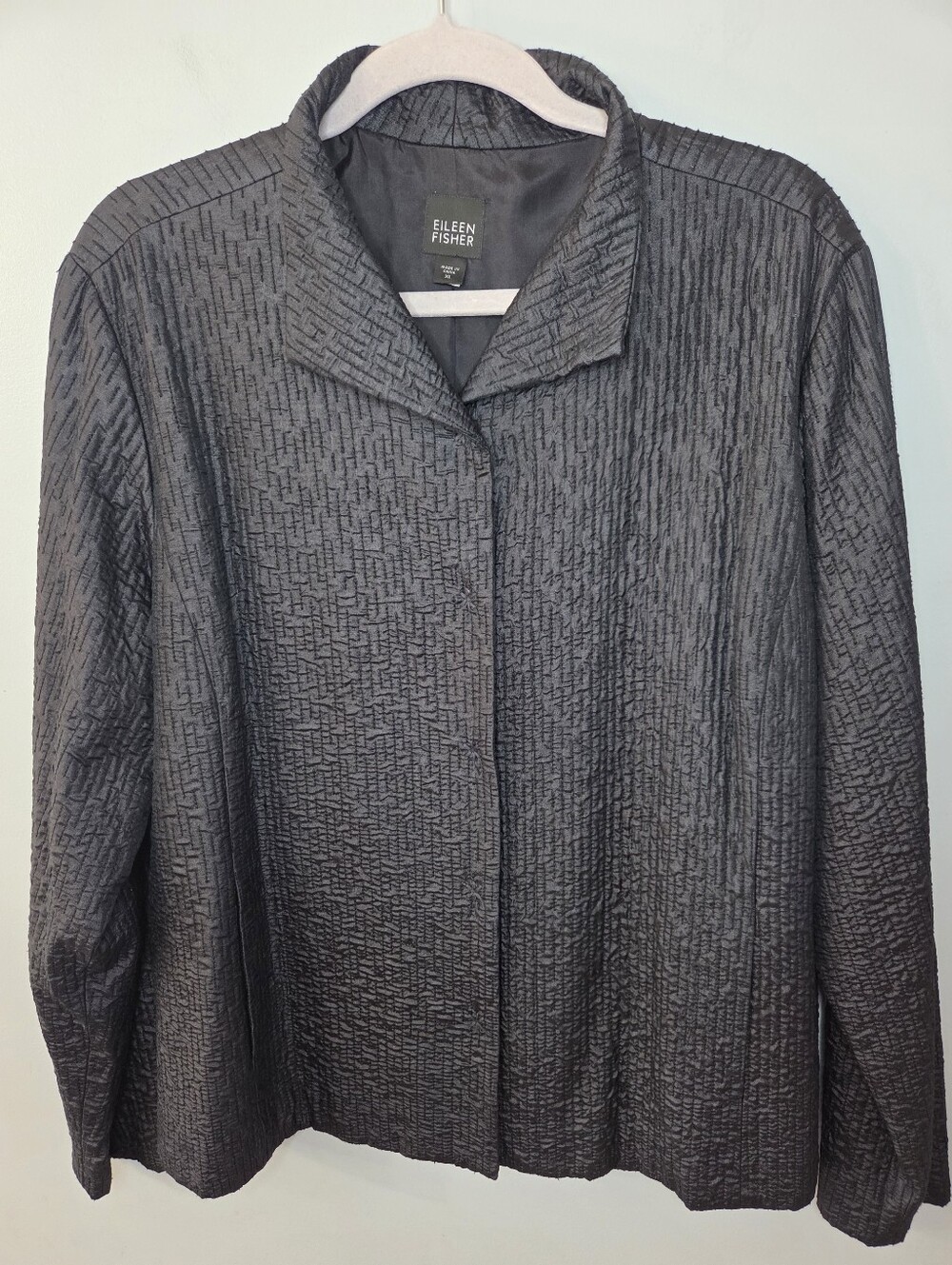 EILEEN FISHER Black Textured 100% Silk Blazer Jacket Long Sleeve XL